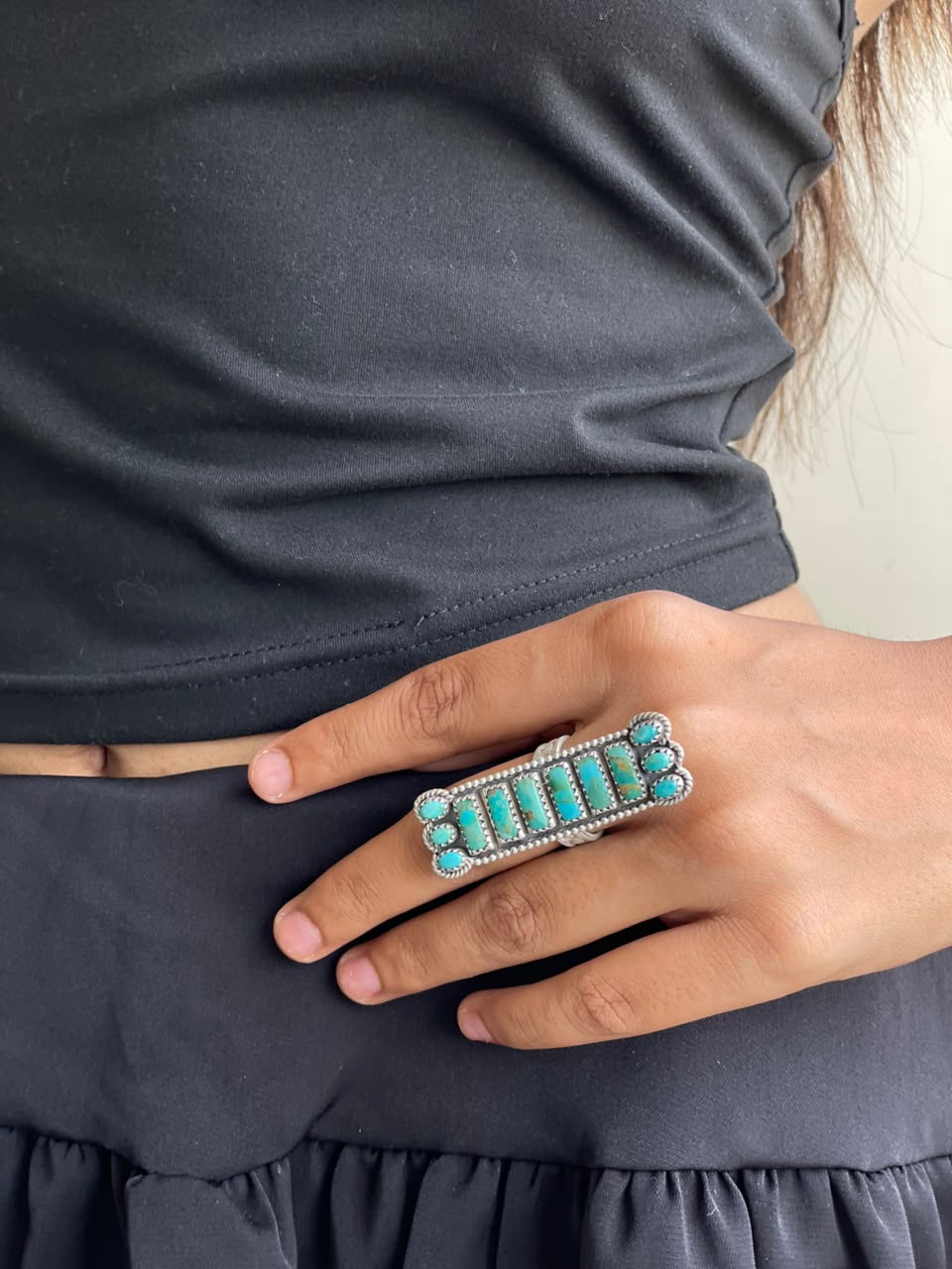 Handmade Sterling Silver Kingman Turquoise Adjustable Bar Ring Signed Nizhoni