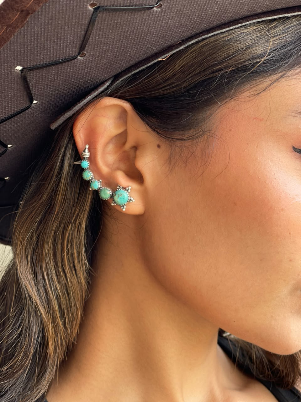 Handmade Sterling Silver Kingman Turquoise Post Ear Cuffs Signed Nizhoni