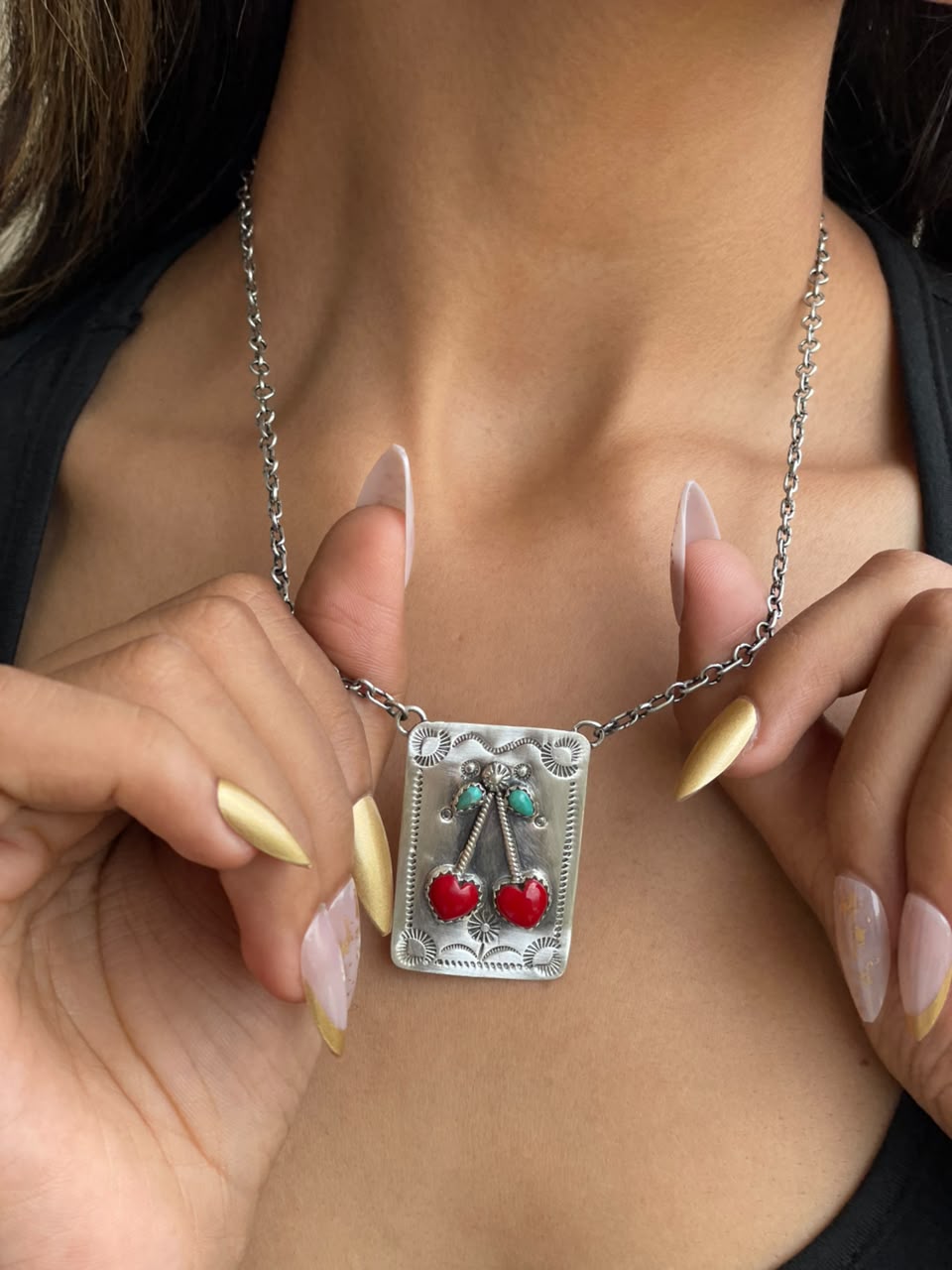 Handmade Sterling Silver Kingman Turquoise with Rosarita Cherry Necklace Signed Nizhoni (4)