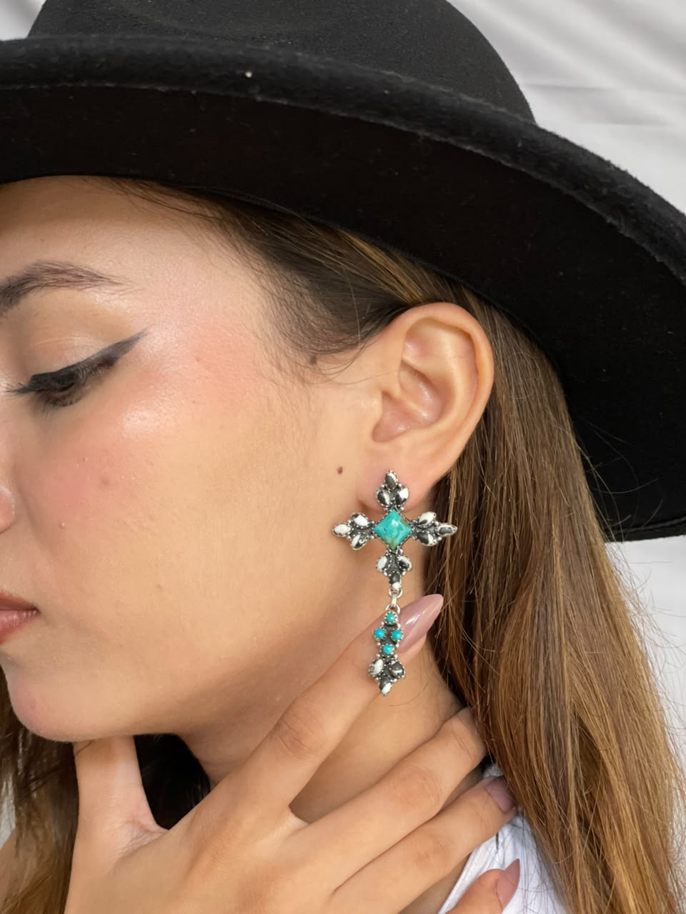 Handmade Sterling Silver Kingman Turquoise with White Buffalo Post Dangle Earrings Signed Nizhoni