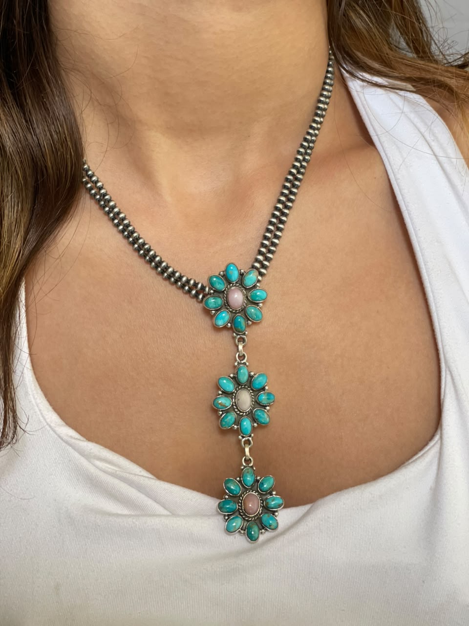 Handmade Sterling Silver Kingman Turquoise with Pink Opal Beaded Necklace Signed Nizhoni