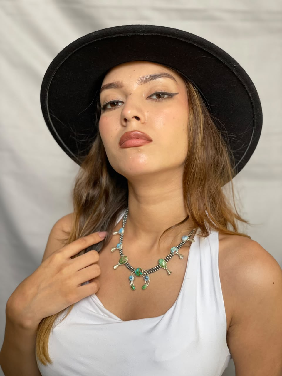 Handmade Sterling Silver Golden Hills with Sonoran Mountain Turquoise Beaded Squash Blossom Naja Necklace Signed Nizhoni
