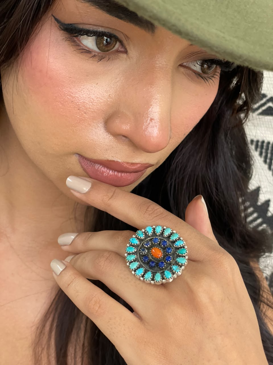 Handmade Sterling Silver Kingman Turquoise with Lapis and Orange Mojave Adjustable Ring Signed Nizhoni