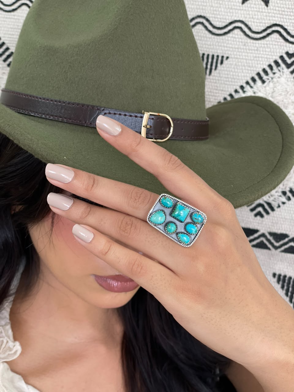 Handmade Sterling Silver Kingman Turquoise Adjustable Ring Signed Nizhoni