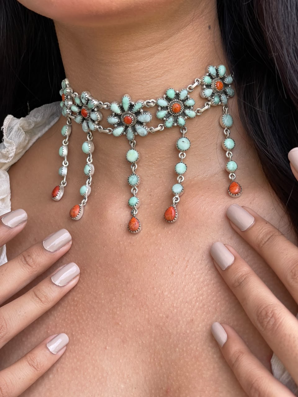 Handmade Sterling Silver Paloma Turquoise with Orange Mojave Choker Necklace Signed Nizhoni