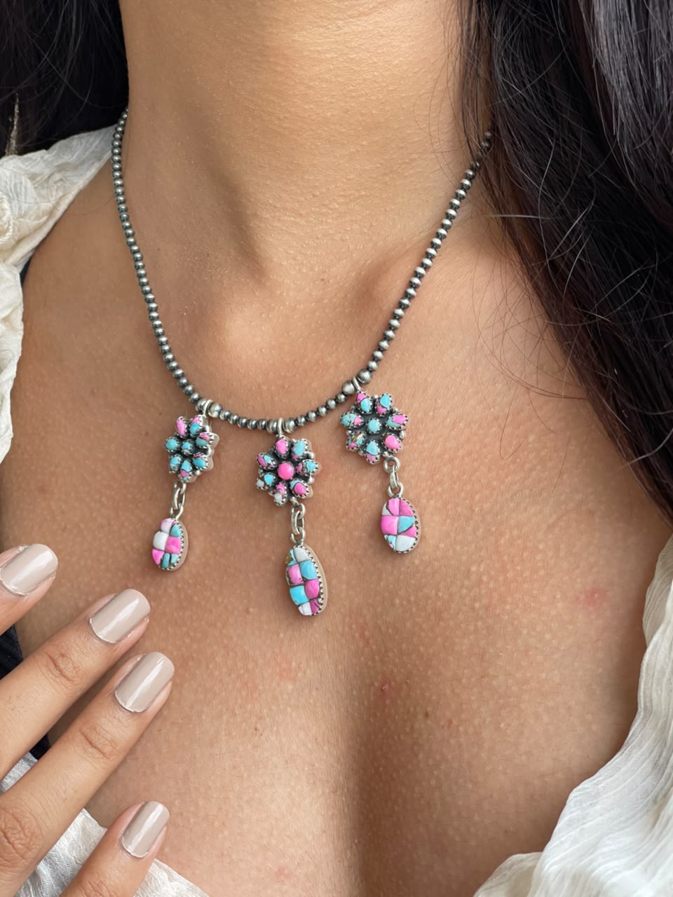 Handmade Sterling Silver Cotton Candy Cobble Stone Beaded Necklace Signed Nizhoni