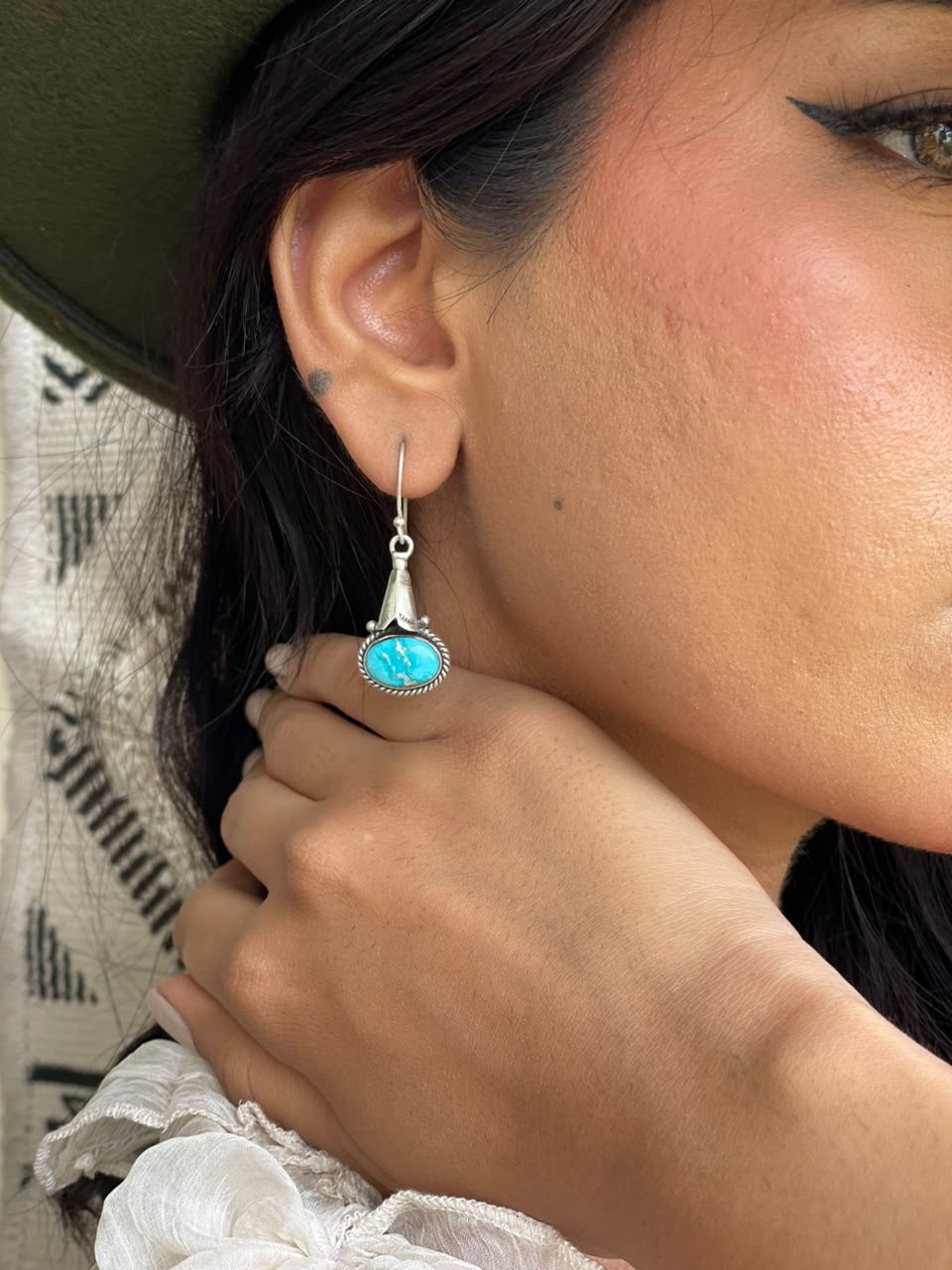 Handmade Sterling Silver White Water Turquoise Hook Dangle Earrings Signed Nizhoni