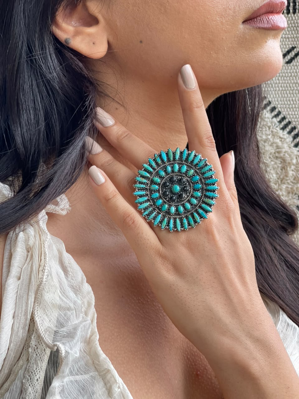 Handmade Sterling Silver Kingman Turquoise with White Buffalo Adjustable Ring Signed Nizhoni