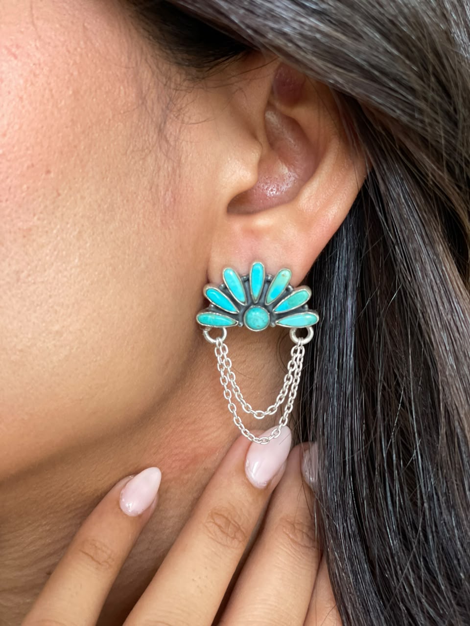 Handmade Sterling Silver Kingman Turquoise Post Dangle Earrings Signed Nizhoni