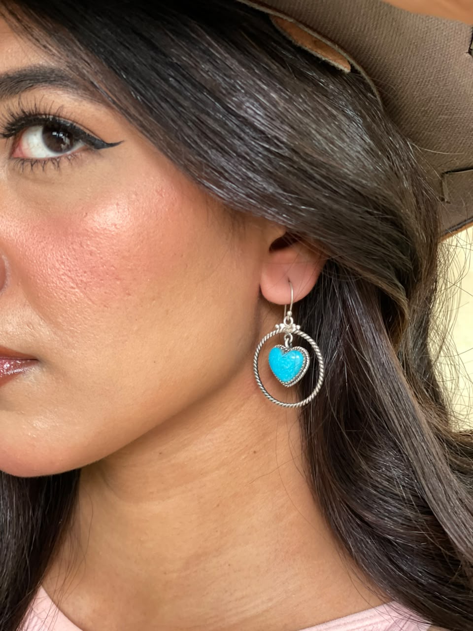 Handmade Sterling Silver Blue Kingman Turquoise Hook Dangle Heart Earrings Signed Nizhoni