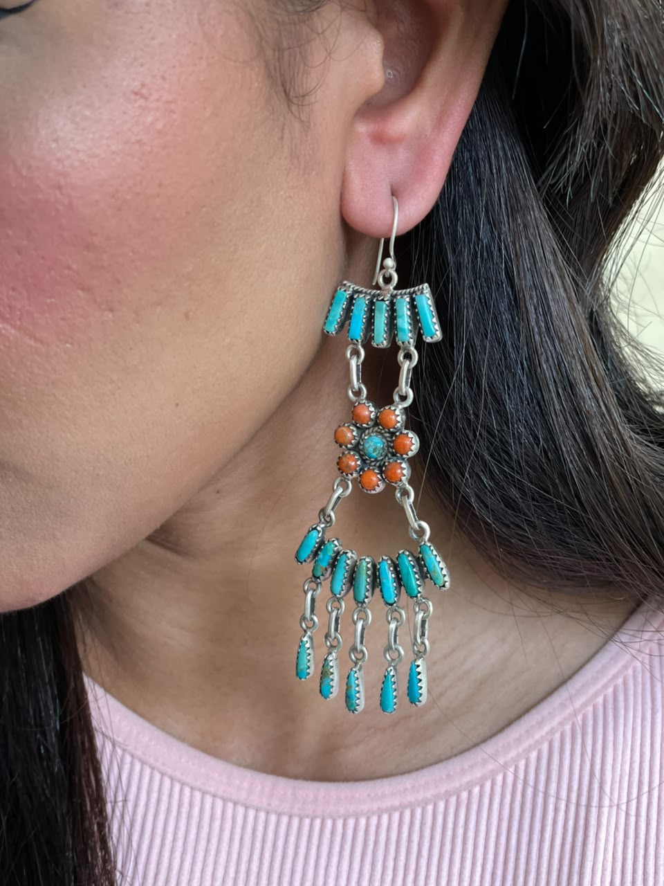 Handmade Sterling Silver Kingman Turquoise with Orange Mojave Hook Dangle Earrings Signed Nizhoni