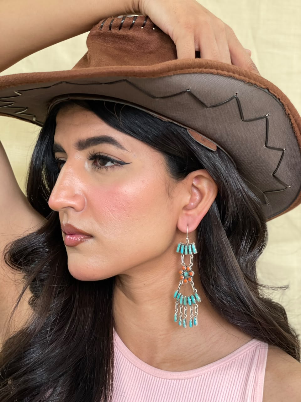 Handmade Sterling Silver Kingman Turquoise with Orange Mojave Hook Dangle Earrings Signed Nizhoni
