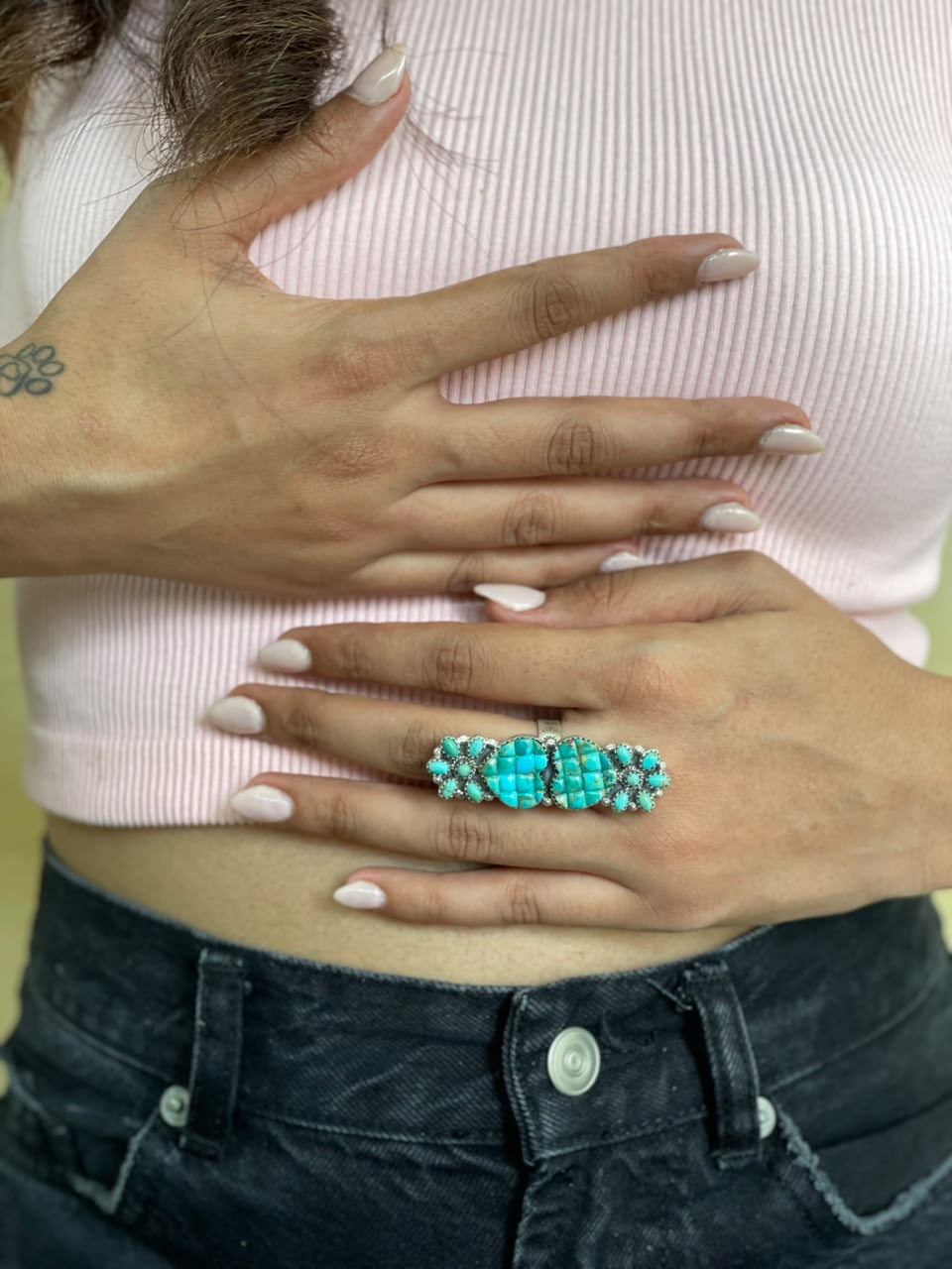 Handmade Sterling Silver Kingman Turquoise Cobble Stone Adjustable Ring Signed Nizhoni