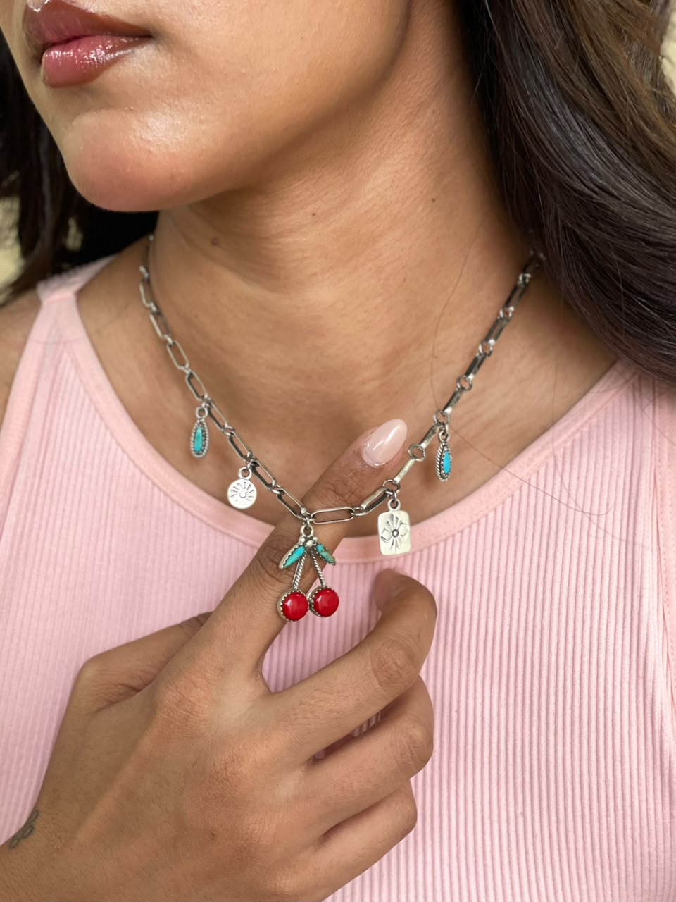 Handmade Sterling Silver Kingman Turquoise with Rosarita Cherry Necklace Signed Nizhoni