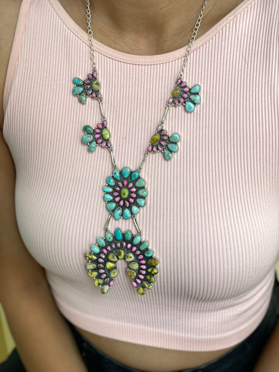 Handmade Sterling Silver Cotton Candy with Palomino and Sierra Bella Turquoise Necklace Signed Nizhoni