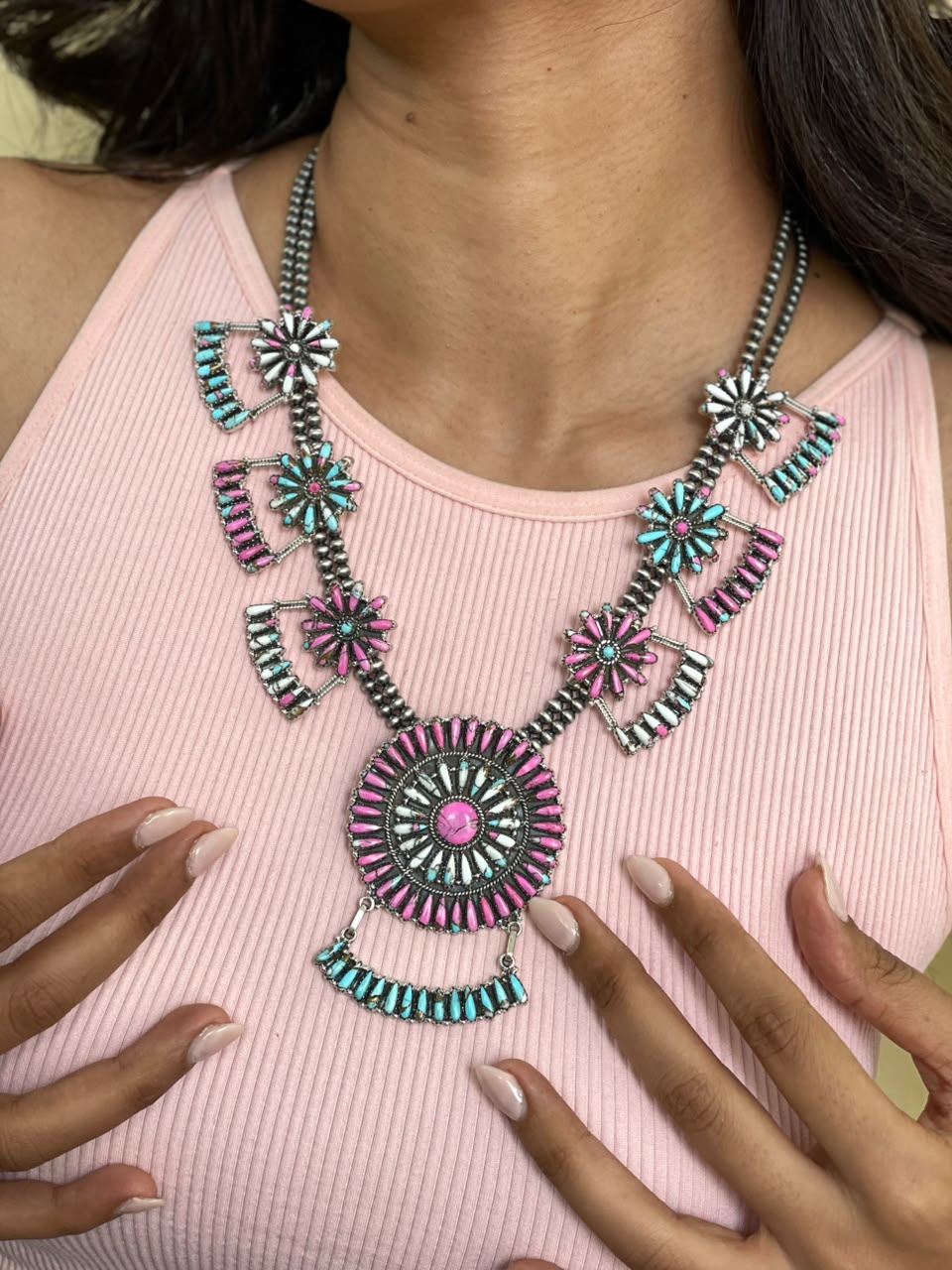 Handmade Sterling Silver Cotton Candy Beaded Necklace Signed Nizhoni