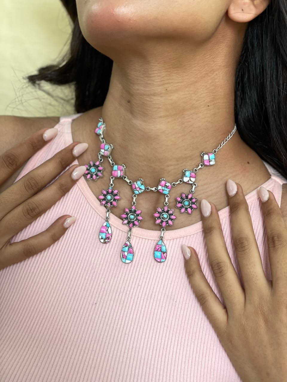 Handmade Sterling Silver Cotton Candy Cobble Stone Necklace Signed Nizhoni