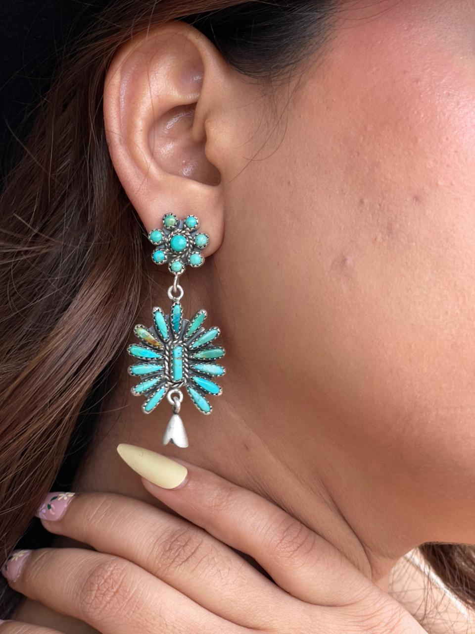 Handmade Sterling Silver Kingman Turquoise Post Dangle Squash Blossom Earrings Signed Nizhoni