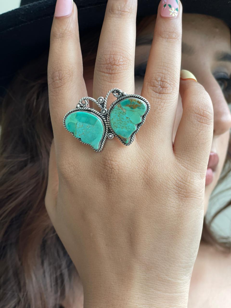 Handmade Sterling Silver Kingman Turquoise Butterfly Adjustable Ring Signed Nizhoni