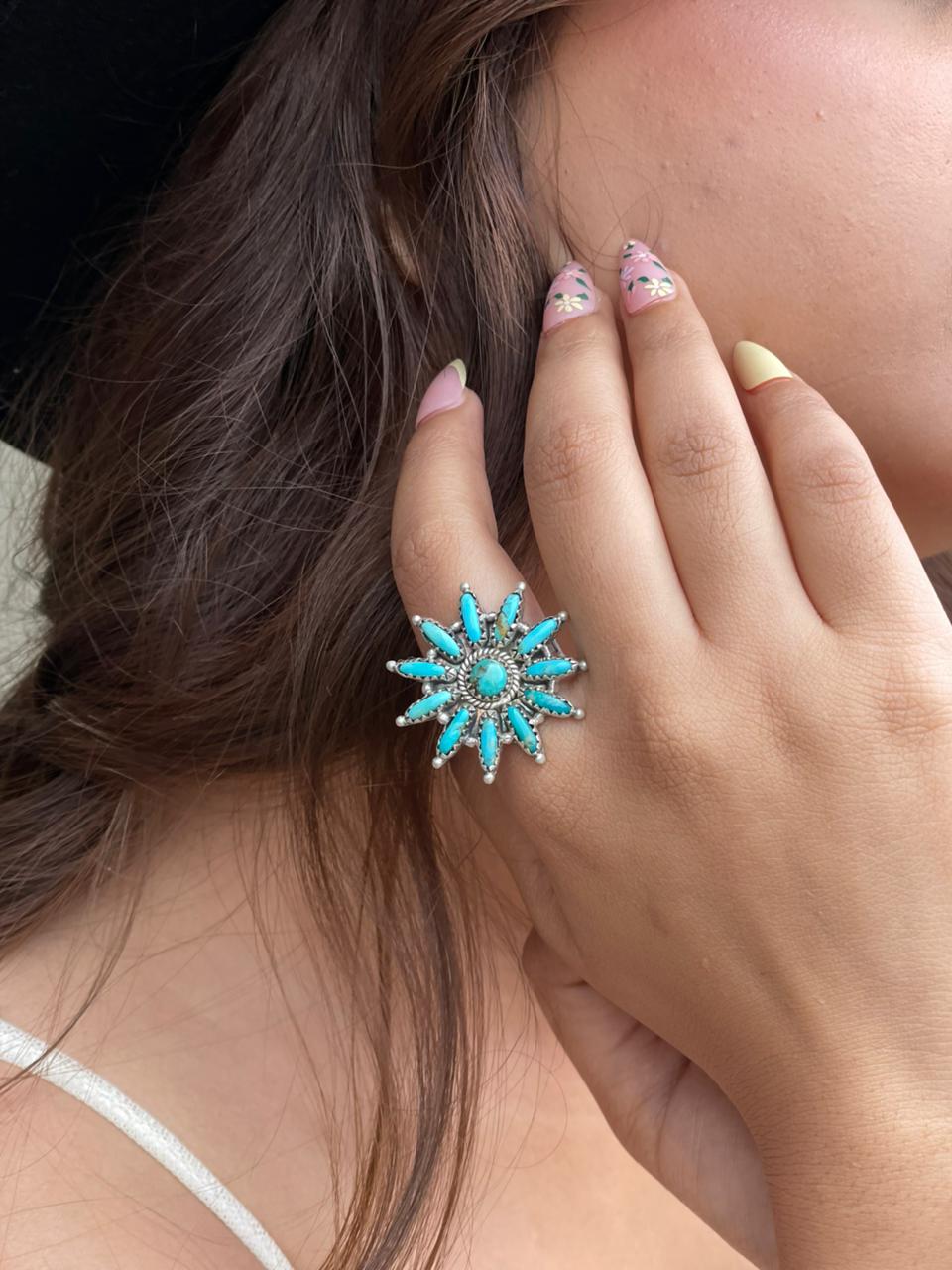 Handmade Sterling Silver Kingman Turquoise Adjustable Ring Signed Nizhoni