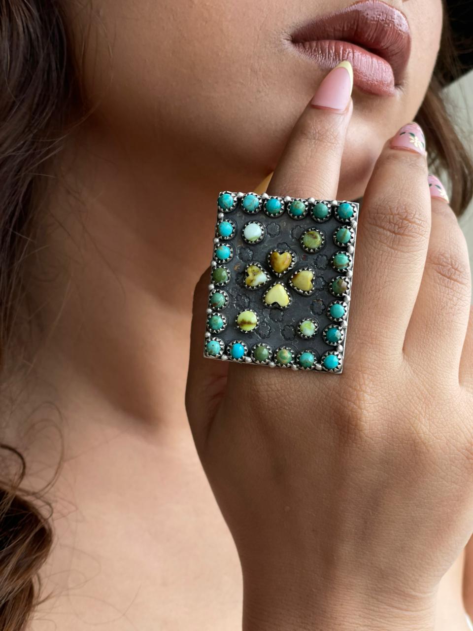 Handmade Sterling Silver Palomino with Kingman Turquoise Adjustable Ring Signed Nizhoni