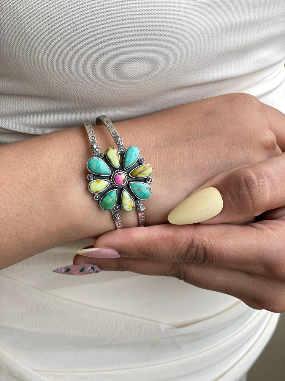 Handmade Sterling Silver Carico Lake with Cotton Candy and Palomino Turquoise Cuff Bracelet Signed Nizhoni
