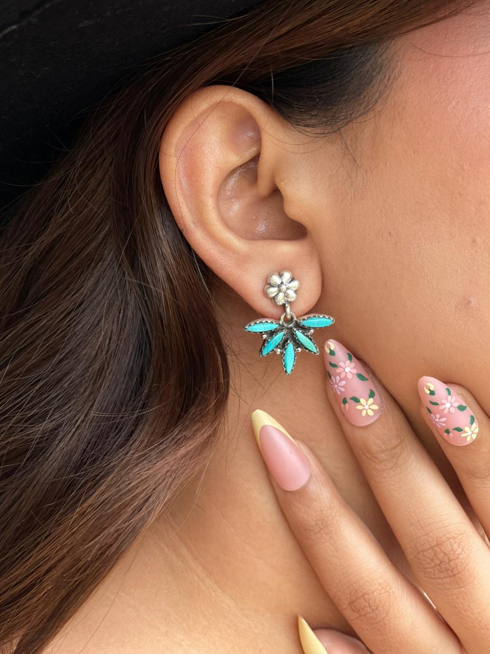 Handmade Sterling Silver Kingman Turquoise Post Dangle Earrings Signed Nizhoni