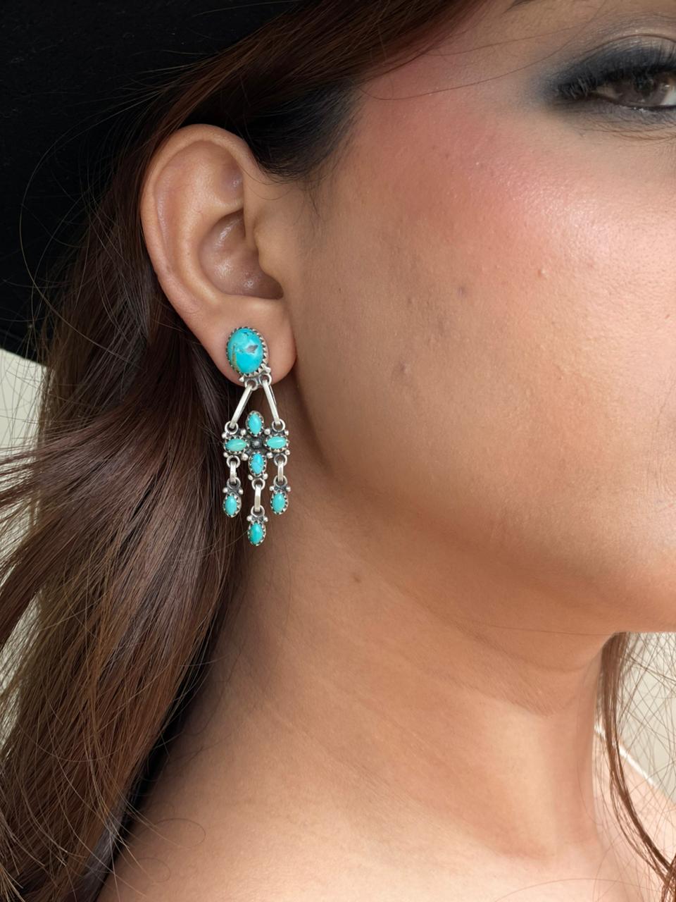Handmade Sterling Silver Kingman Turquoise Post Dangle Earrings Signed Nizhoni