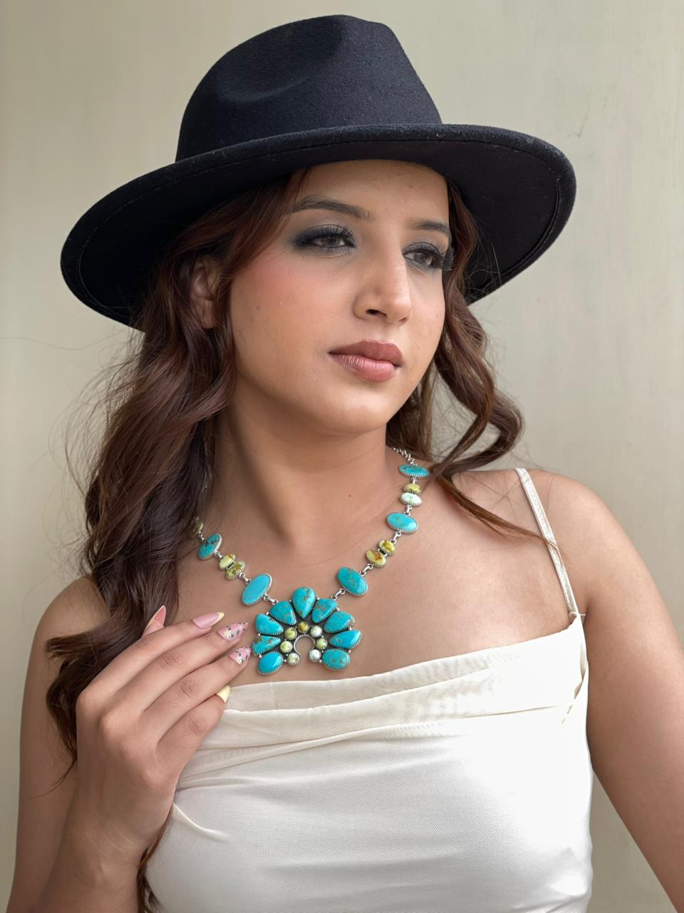 Handmade Sterling Silver Tyrone with Palomino Turquoise Naja Necklace Signed Nizhoni