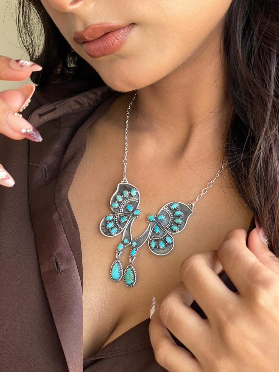 Handmade Sterling Silver Kingman Turquoise Butterfly Necklace Signed Nizhoni
