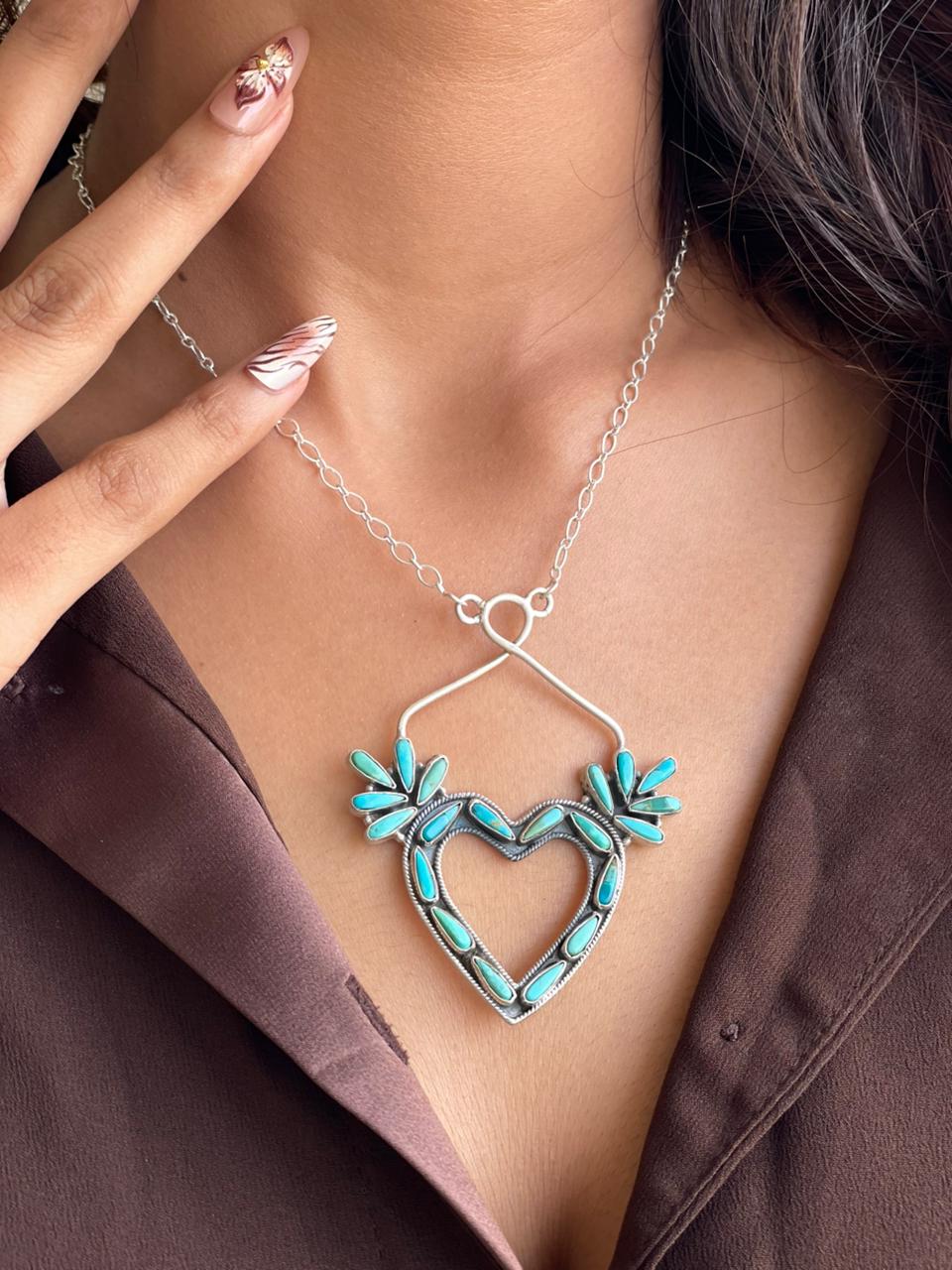 Handmade Sterling Silver Kingman Turquoise Heart Necklace Signed Nizhoni