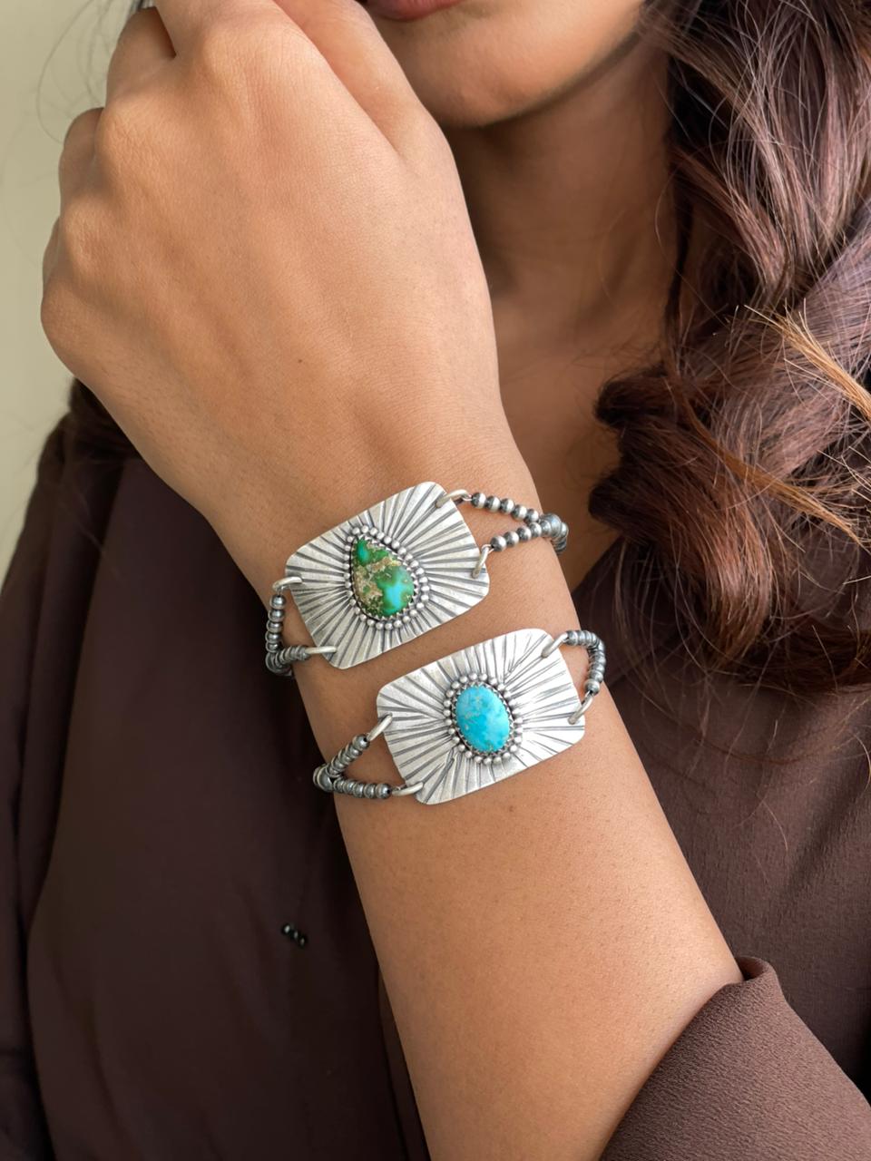 Handmade Sterling Silver Sierra Bella and Sonoran Mountain Turquoise Beaded Chain Bracelet Signed Nizhoni