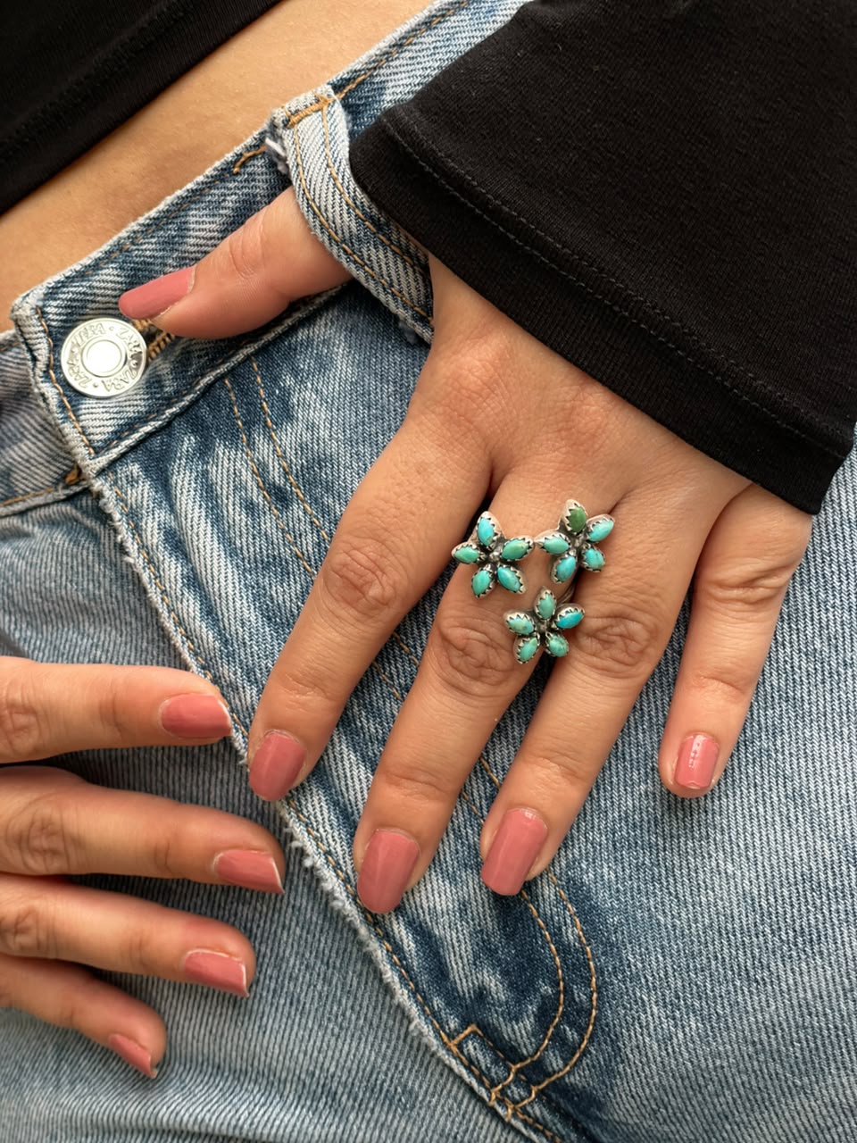 Handmade Sterling Silver Kingman Turquoise Adjustable Ring Signed Nizhoni