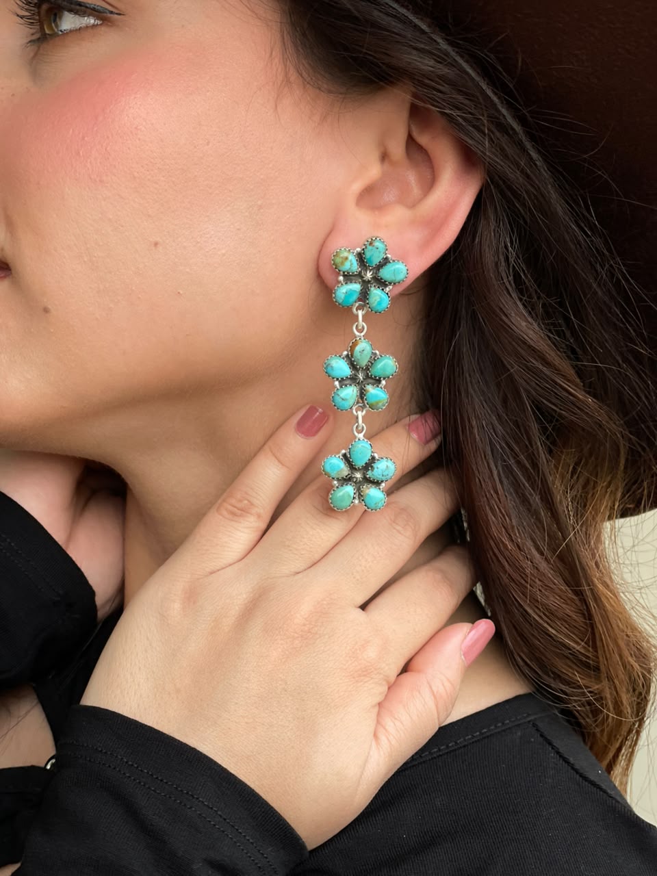 Handmade Sterling Silver Kingman Turquoise Post Dangle Earrings Signed Nizhoni