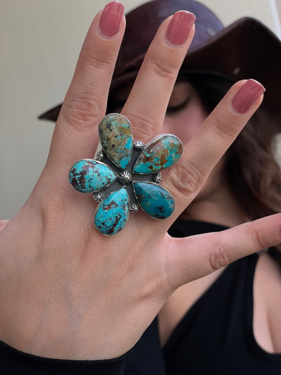 Handmade Sterling Silver Crimson Cowgirl Turquoise Collection: Adjustable Ring Signed Nizhoni