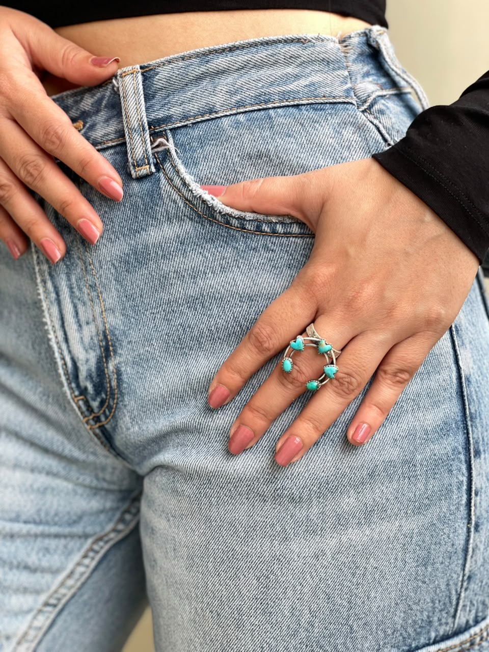 Handmade Sterling Silver Kingman Turquoise Naja Adjustable Ring Signed Nizhoni