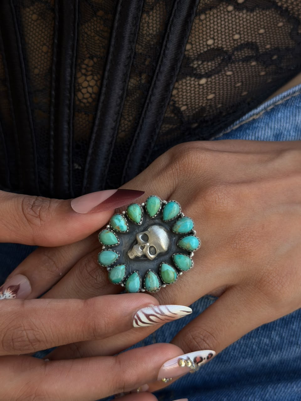Handmade Sterling Silver Kingman Turquoise Halloween Collection: Adjustable Ring Signed Nizhoni