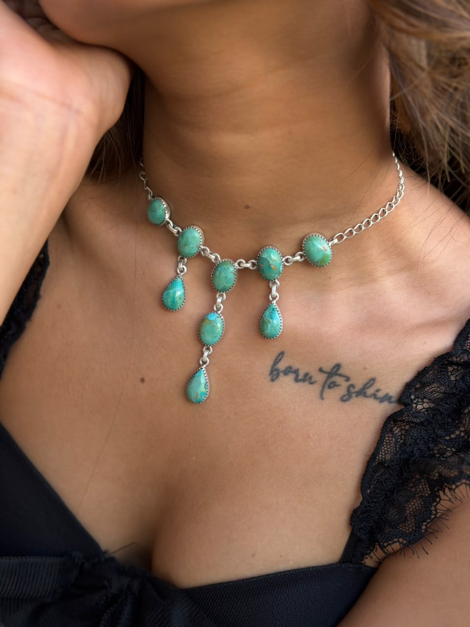 Handmade Sterling Silver Kingman Turquoise Choker Necklace Signed Nizhoni