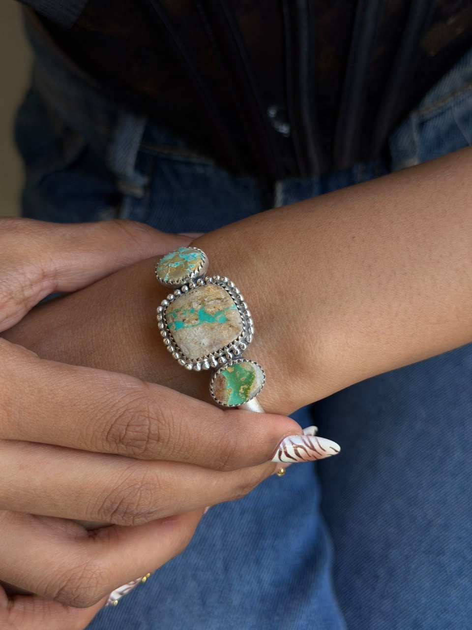 Handmade Sterling Silver Royston Ribbon Turquoise Cuff Bracelet Signed Nizhoni