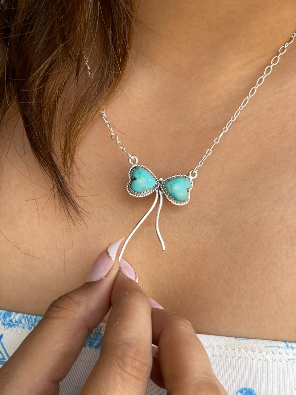 Handmade Sterling Silver Kingman Turquoise Bow Heart Necklace Signed Nizhoni
