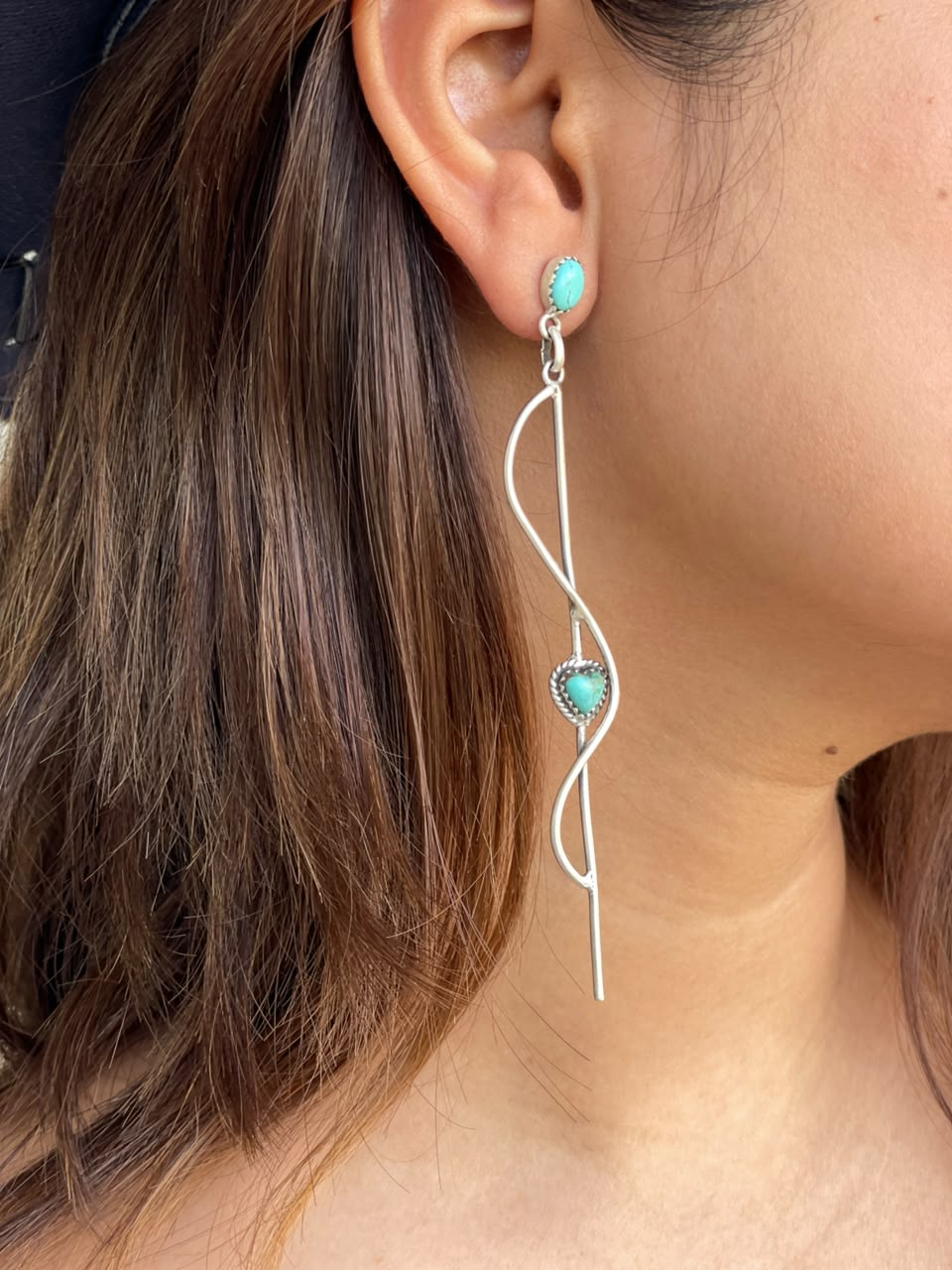 Handmade Sterling Silver Kingman Turquoise Post Dangle Heart Earrings Signed Nizhoni