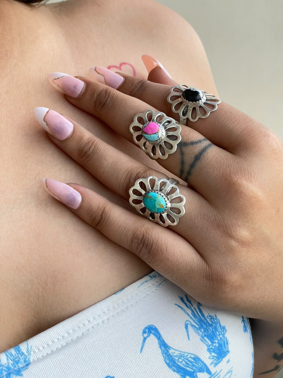 Handmade Sterling Silver White Buffalo, Cotton Candy and Kingman Turquoise Adjustable Ring Signed Nizhoni