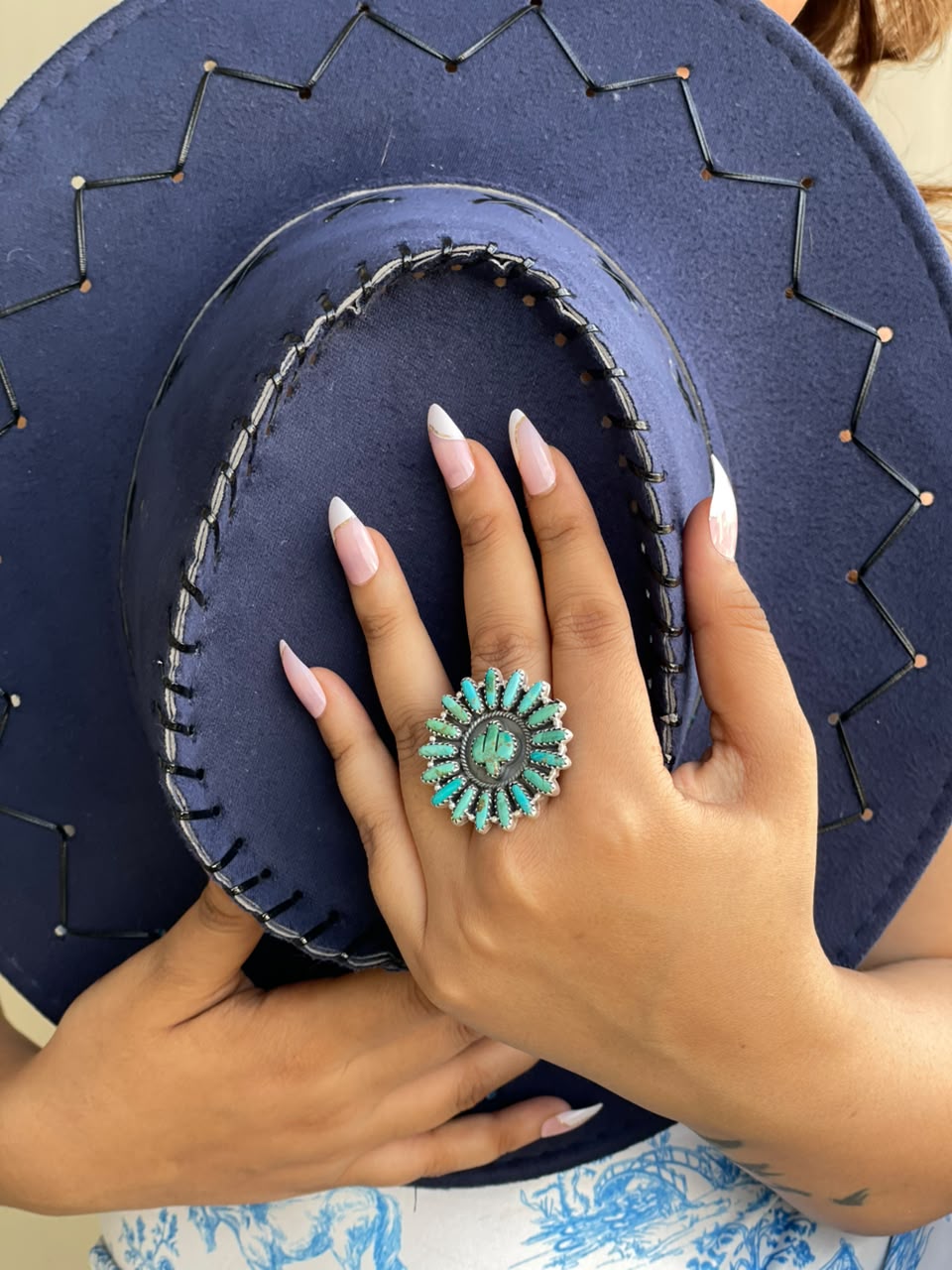 Handmade Sterling Silver Kingman Turquoise Cactus Adjustable Ring Signed Nizhoni