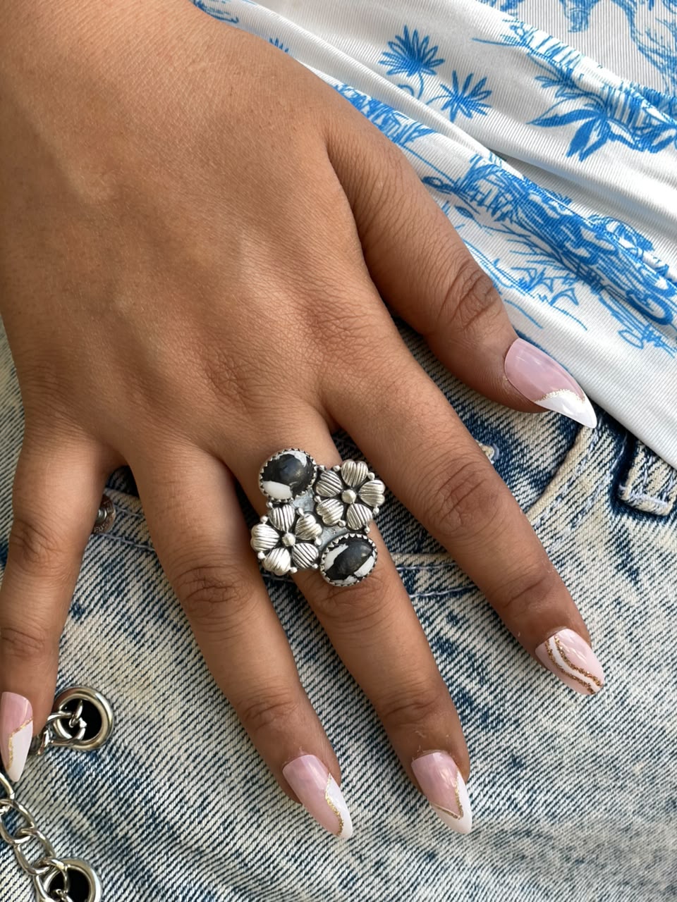 Handmade Sterling Silver White Buffalo Adjustable Ring Signed Nizhoni