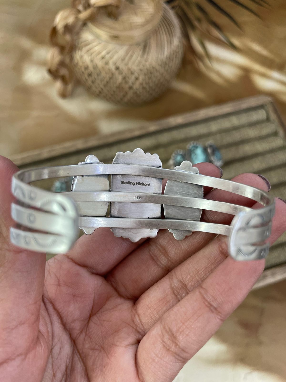 Handmade Sterling Silver Lander Turquoise Bracelet Signed Nizhoni