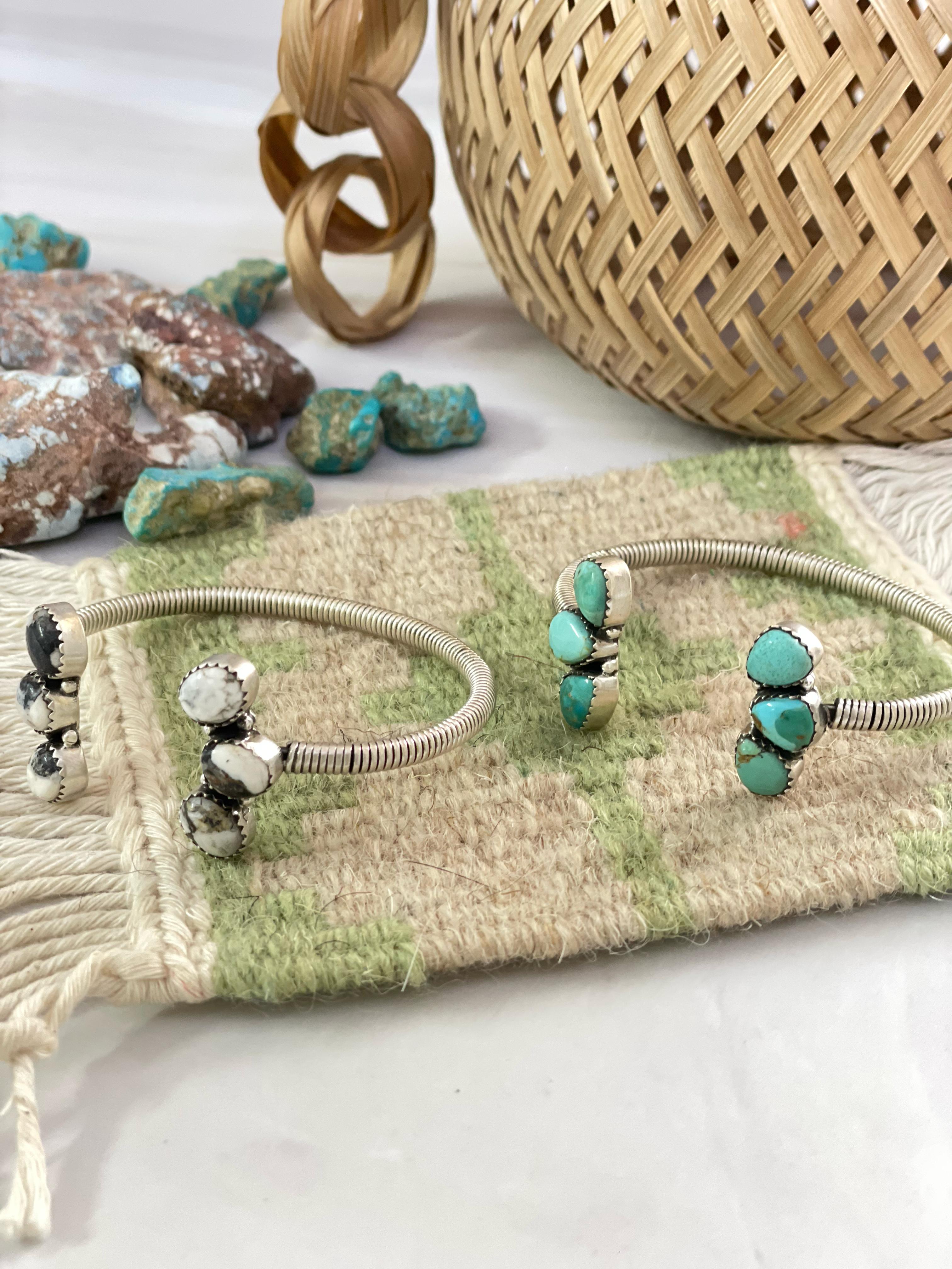 Handmade Sterling Silver White Buffalo and Turquoise Mojave Cuff Bracelet Signed Nizhoni