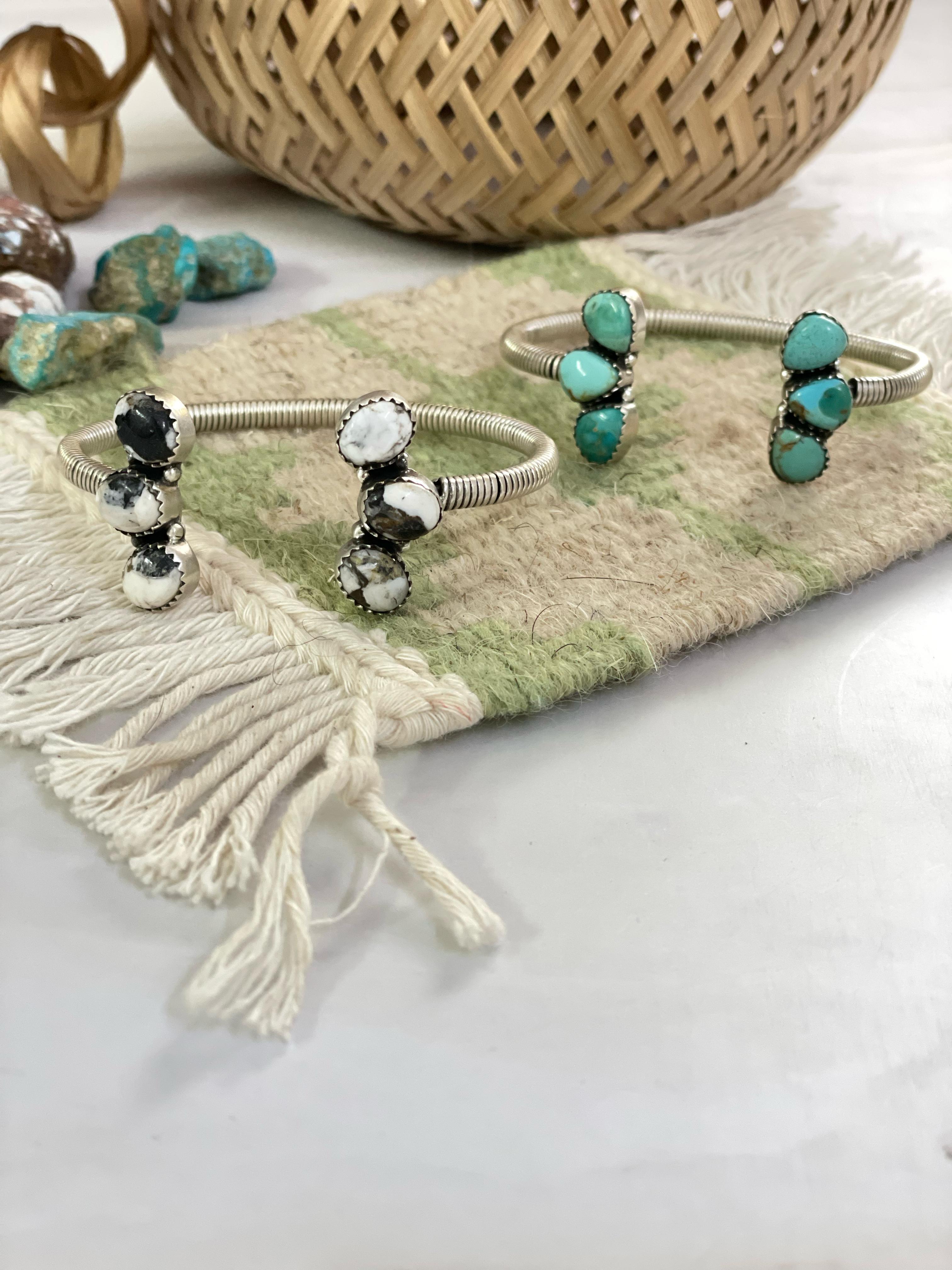 Handmade Sterling Silver White Buffalo and Turquoise Mojave Cuff Bracelet Signed Nizhoni