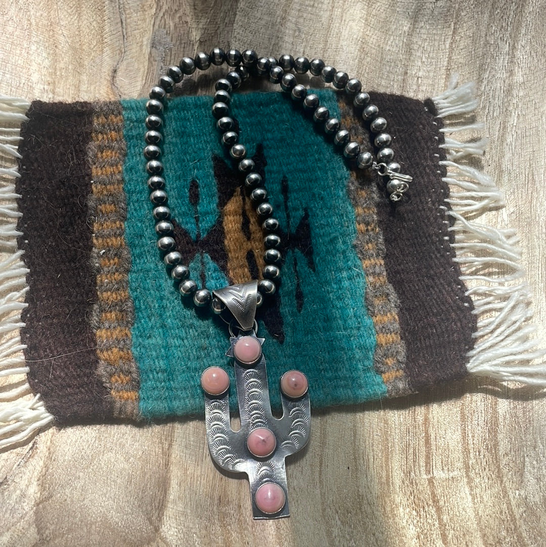 Handcrafted Sterling Silver Pink Conch Saguaro Cactus Pendant Signed