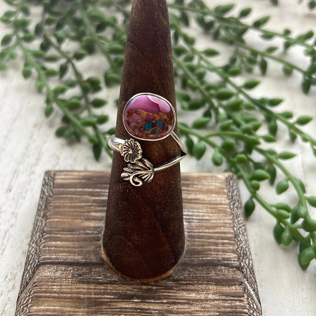 Handcrafted Sterling Silver Pink Dream Adjustable Flower & Leaf Ring