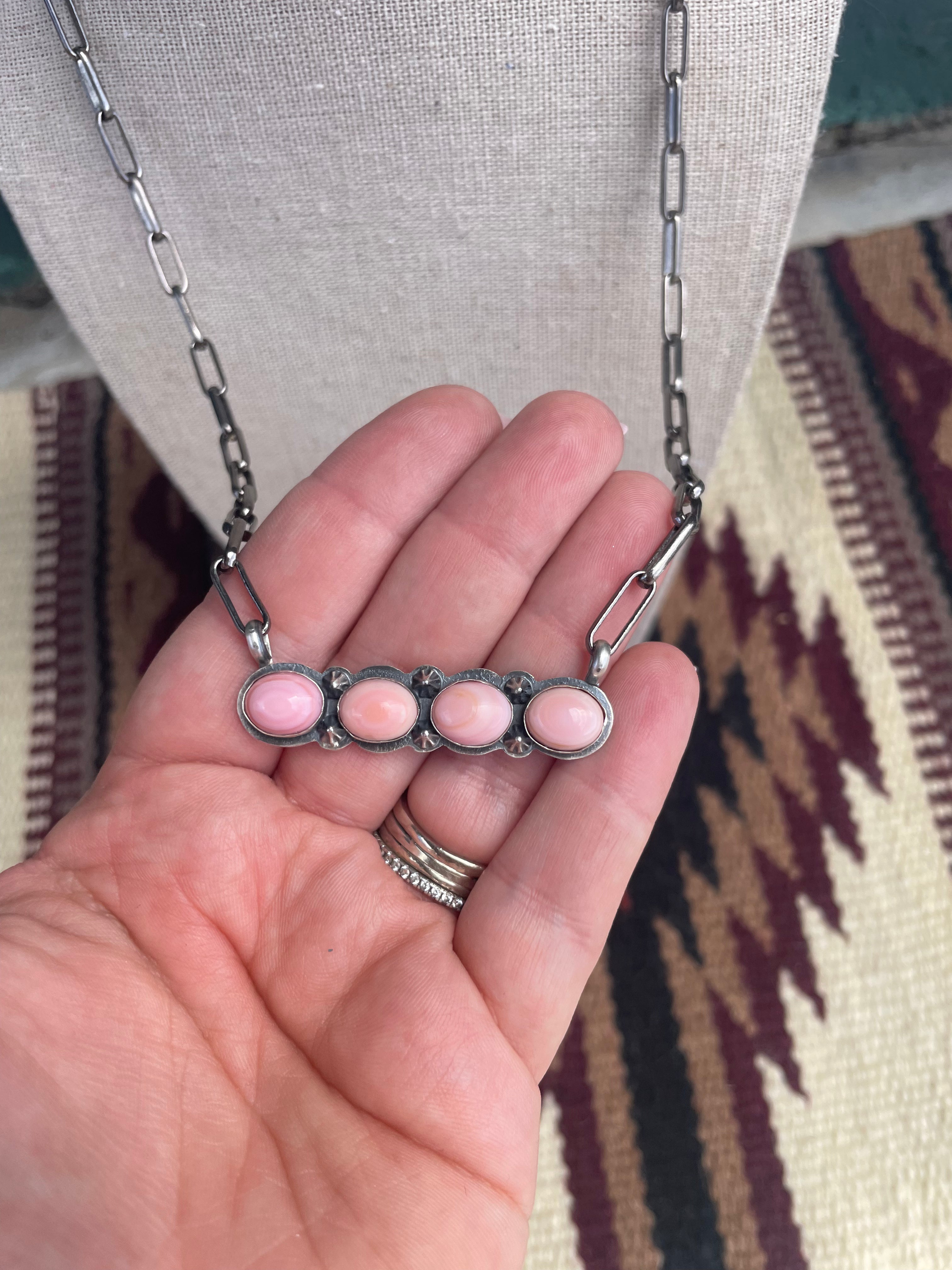 Handcrafted Queen Pink Conch Shell And Sterling Silver 4 Stone Bar Necklace Signed